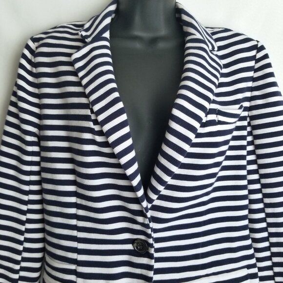 Merona Navy White Striped Blazer Size M Preppy Coastal Nautical Stretch Jacket - Picture 4 of 10